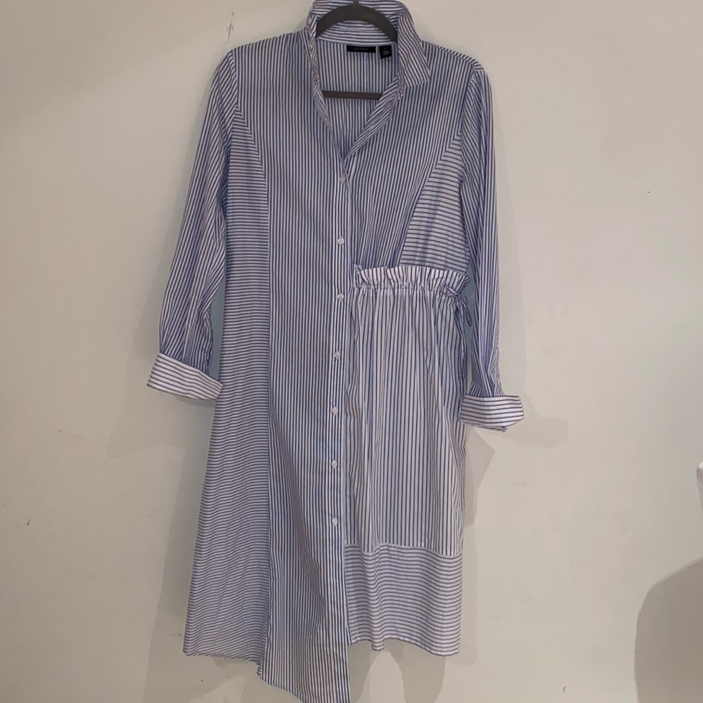 Halogen blue white striped asymmetric button front crisp shirt dress Sz XS